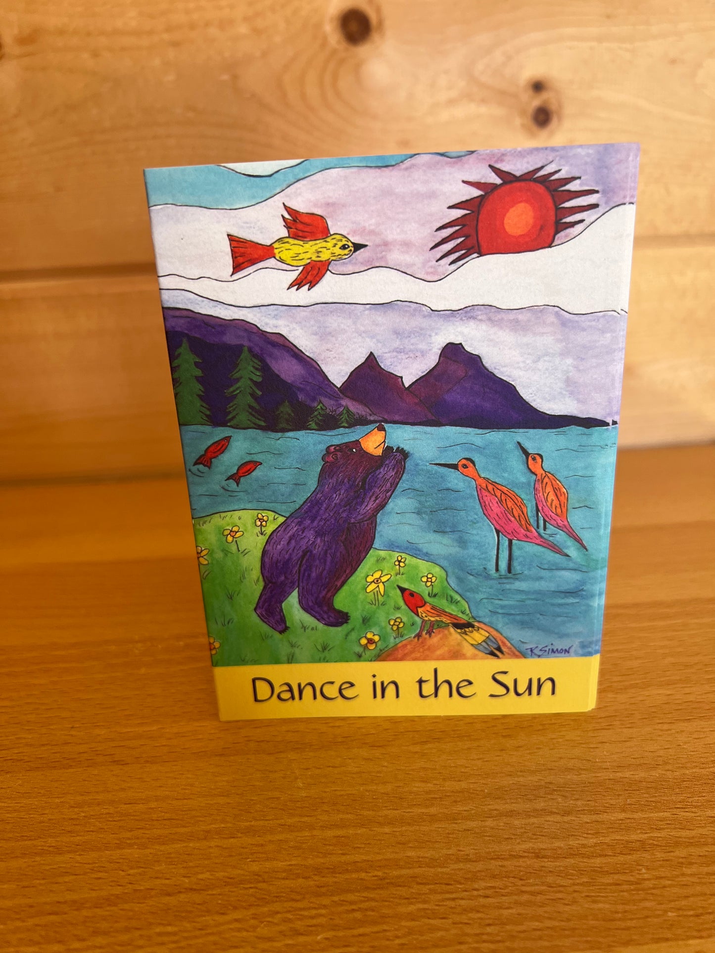 Whimsical Dancing Purple Bear Art Card – 5x7 Beach Scene with Birds, Eagle & Mountains