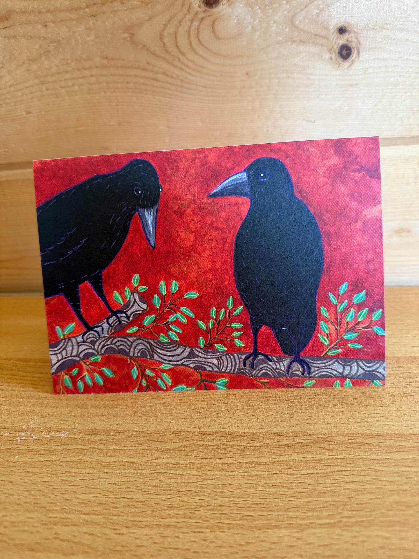 Cards of Whimsy - Black Ravens on a Branch Against a Red Background - 4 Card Set