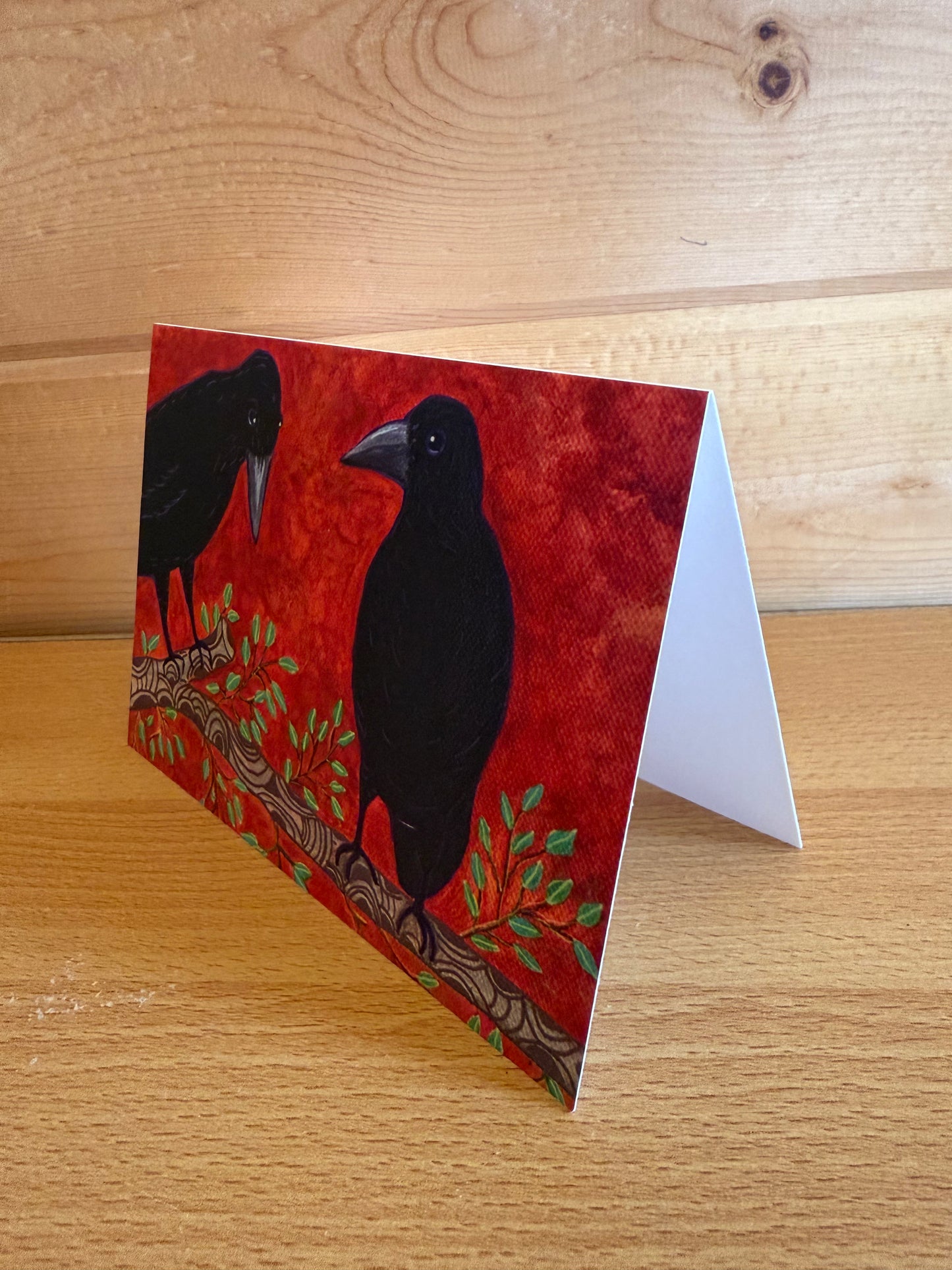 Cards of Whimsy - Black Ravens on a Branch Against a Red Background - 4 Card Set