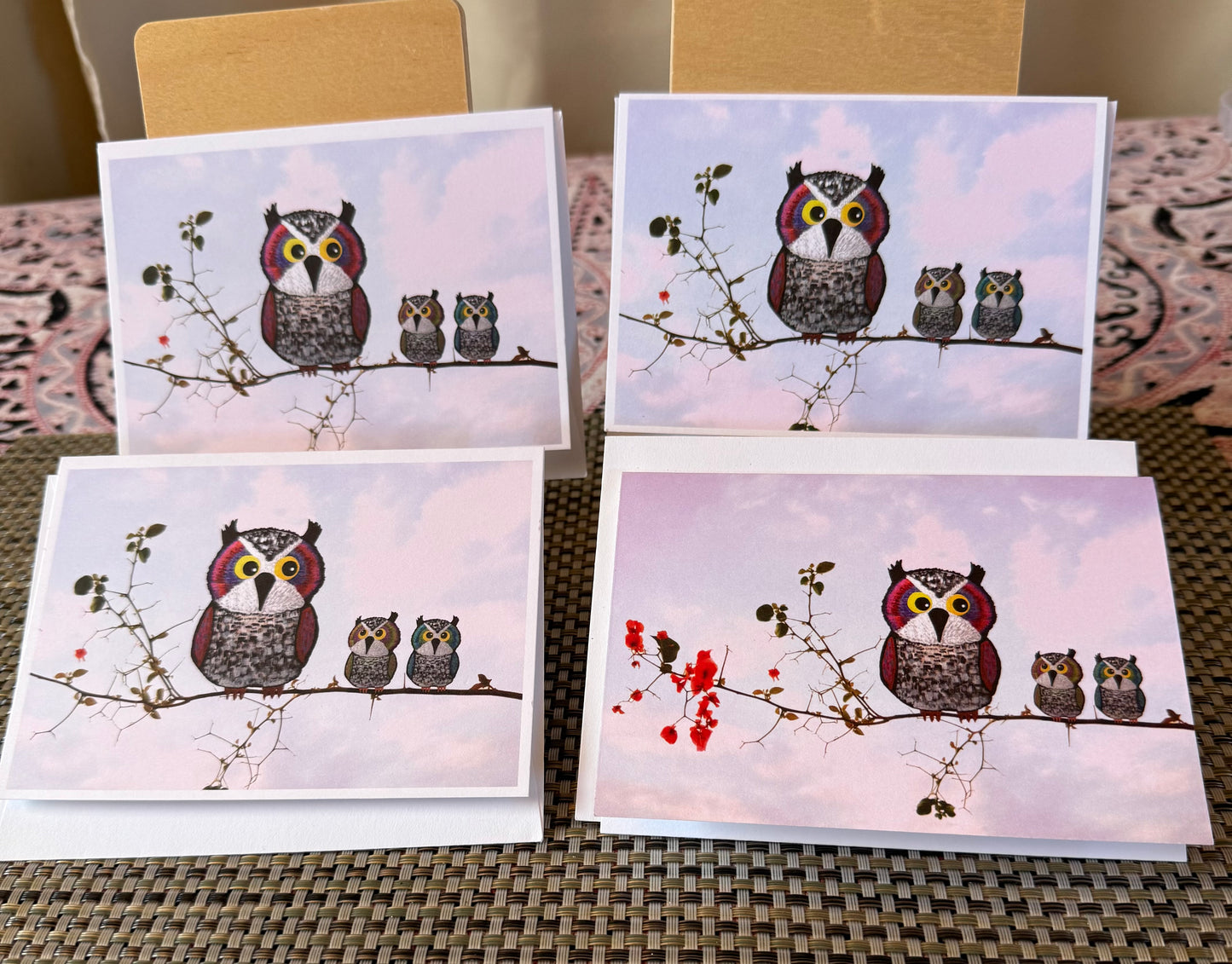 Amusing Owl Greeting Card – Mama Owl with Two Babies on a Branch | 4x6 Art Card