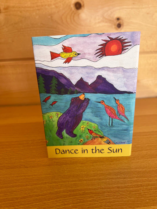 Whimsical Dancing Purple Bear Art Card – 5x7 Beach Scene with Birds, Eagle & Mountains