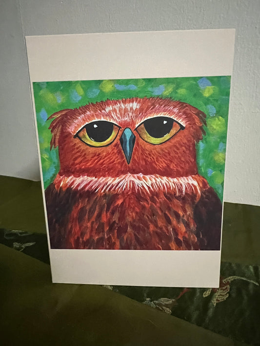 Red-Feathered Owl 5×7 Folded Greeting Card – Wise & Whimsical Nature Art