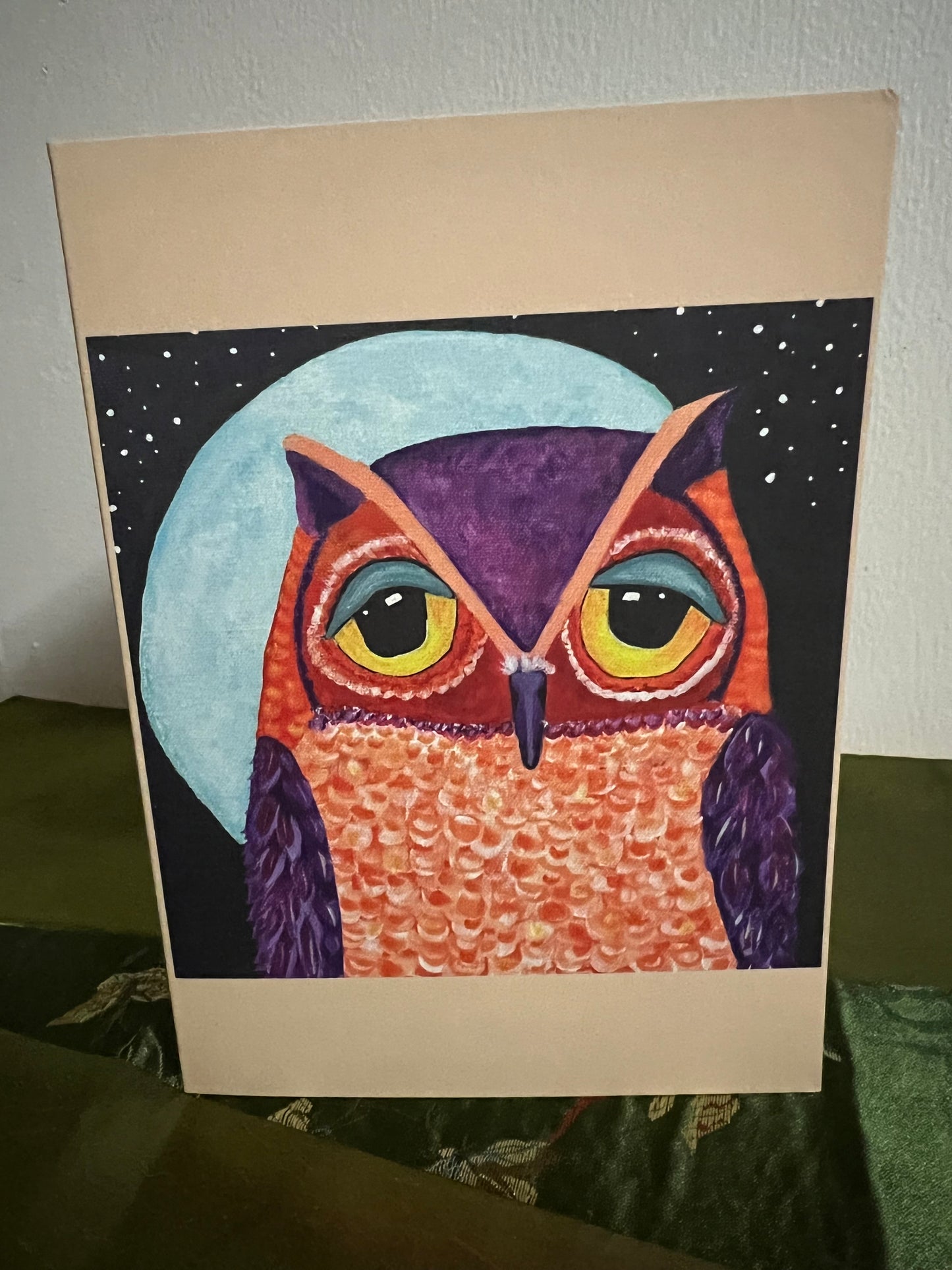 Purple & Orange Owl 5×7 Folded Greeting Card – Full Moon Night Art