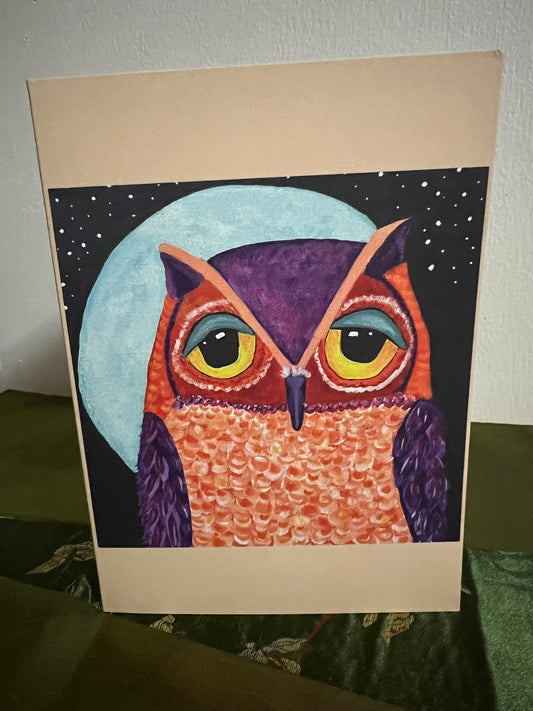 Purple & Orange Owl 5×7 Folded Greeting Card – Full Moon Night Art