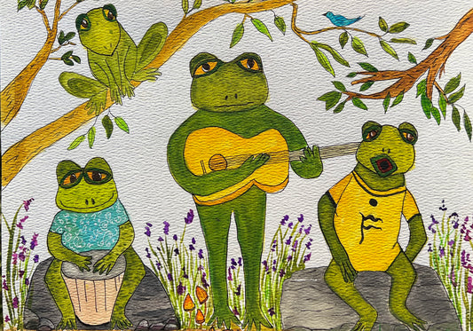 Frog Music Greeting Card – 5x7 Watercolor Frogs Singing & Playing Instruments