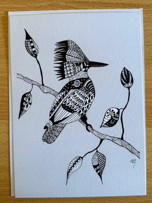 Kingfisher Pen and Ink Art Card – 5x7 Bird Illustration on Eco-Friendly Paper