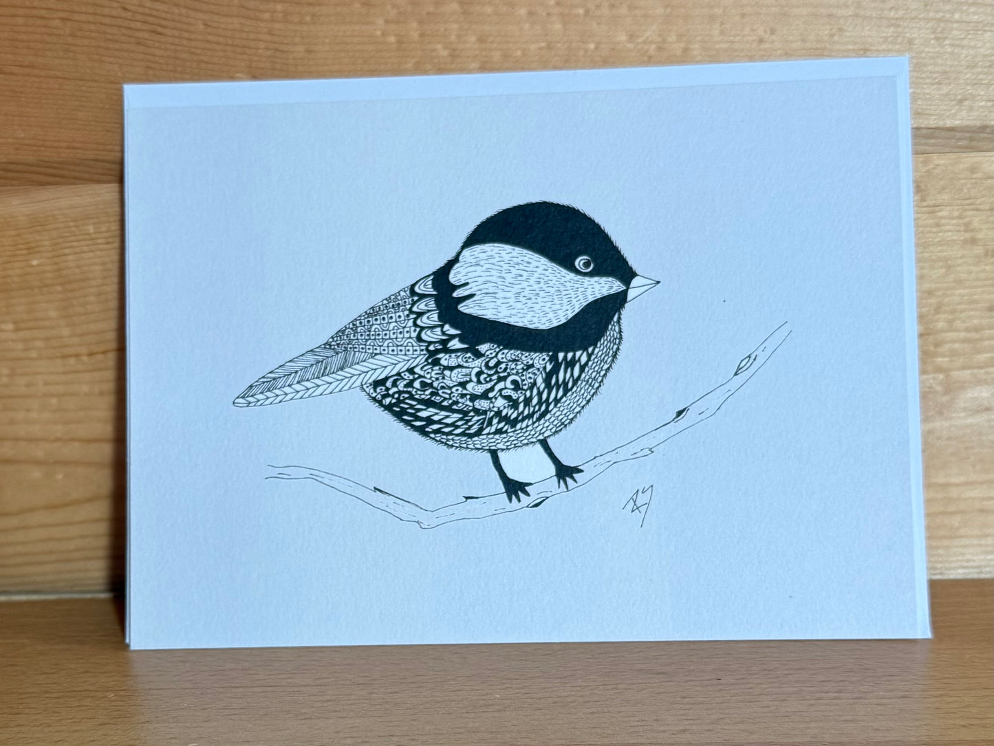 Chickadee Pen and Ink Art Card – 5x7 Bird Illustration on Eco-Friendly Paper
