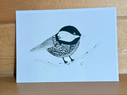 Chickadee Pen and Ink Art Card – 5x7 Bird Illustration on Eco-Friendly Paper