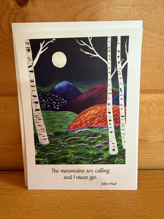 Whimsical Abstract Birch Trees with Colorful Mountains – 5x7 Nature Quote Art Card