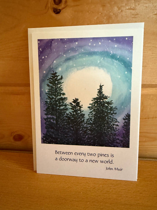 Magical Forest Watercolor Card – Fir Trees Under Moonlight with John Muir Quote, 5x7