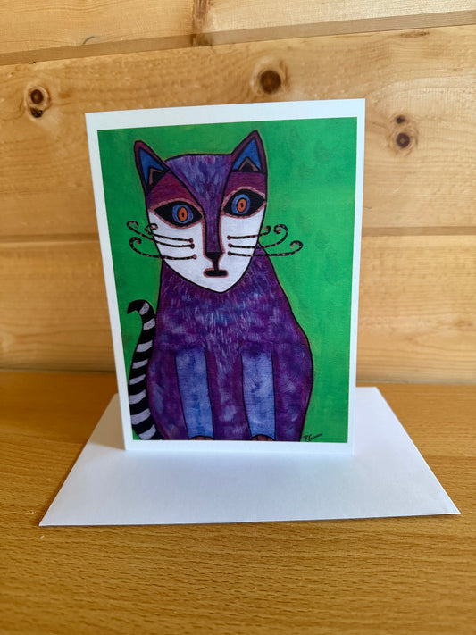 Purple Cat 5×7 Folded Greeting Card – Playful Full-Color Nature Art