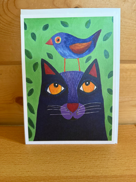 Whimsical Cat and Bird 5×7 Folded Greeting Card – Fun, Colorful Nature-Inspired Note
