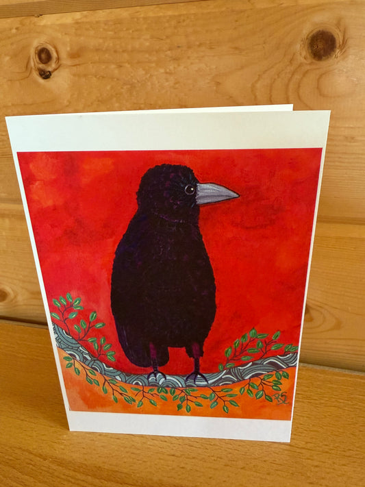 Cards of Whimsy - Black Ravens on a Branch Against a Red Background - 4 Card Set
