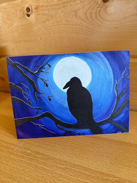 Whimsical Raven Art Card – 5x7 Full Moon & Moonlit Tree Branches | Dark Nature Illustration