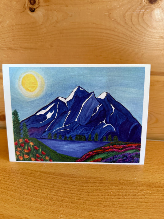Majestic Blue Mountains with Sun & Flowers 5×7 Folded Greeting Card – Scenic Nature Art