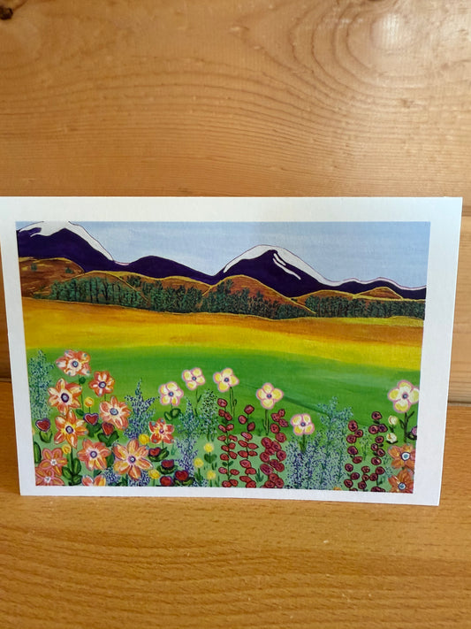 Wildflower Meadow & Mountains 5×7 Folded Greeting Card – Nature Scenic Art