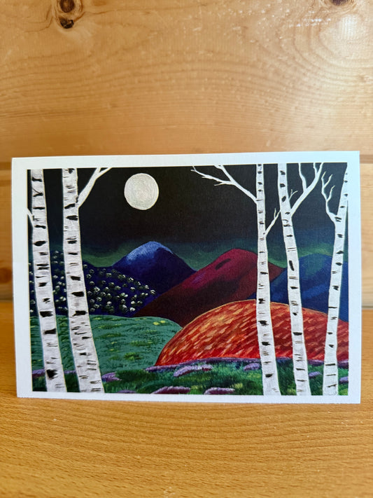 Moonlit White Birches & Colorful Hills 5×7 Folded Greeting Card – Nighttime Nature Art