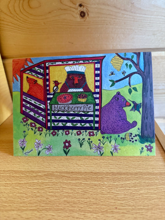 Whimsical Bears Pie Stand Art Card – 5x7 Colorful Bear Illustration with Blackberry Pie