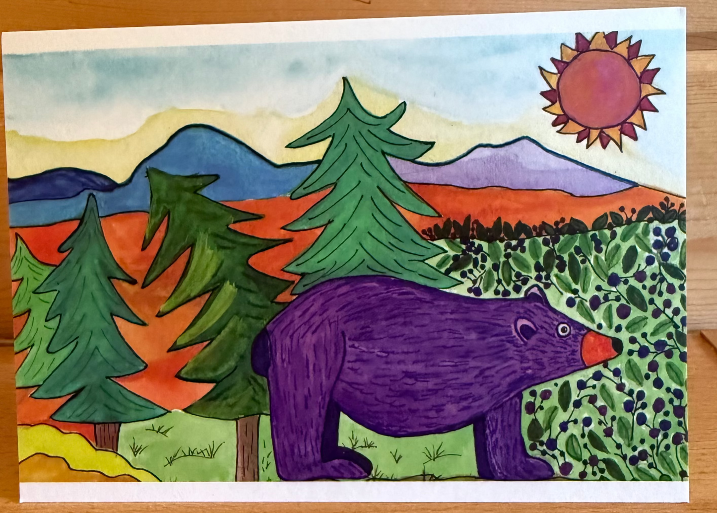 Whimsical Purple Bear Greeting Card – Eating Berries Illustration | 5x7 Flat Art Card