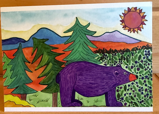 Whimsical Purple Bear Greeting Card – Eating Berries Illustration | 5x7 Flat Art Card