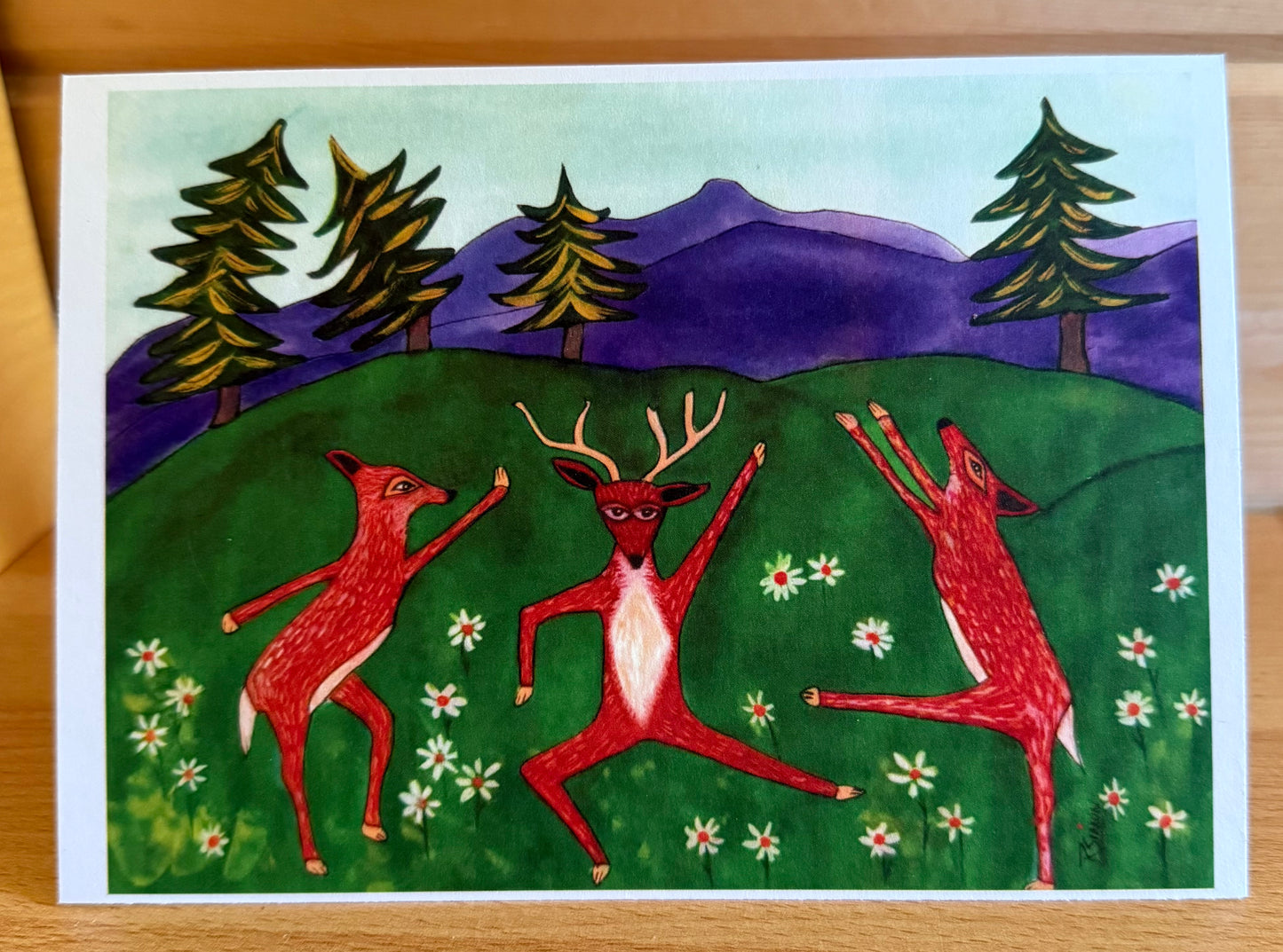 Whimsical Dancing Deer Art Card – 5x7 Meadow of Daisies | Nature-Inspired Wildlife Card, Free Shipping