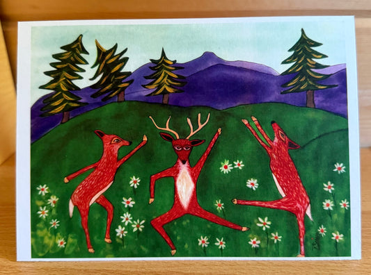 Whimsical Dancing Deer Art Card – 5x7 Meadow of Daisies | Nature-Inspired Wildlife Card, Free Shipping