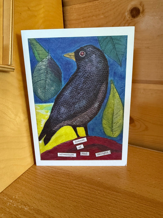 Raven Art Card – Mixed Media Collage Greeting or Frameable Print