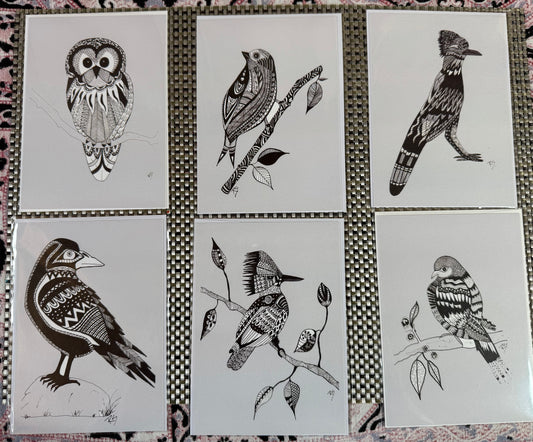 Pen and Ink Bird Art Cards – Owl, Sparrow, Raven, Roadrunner, Kingfisher &amp; Dove