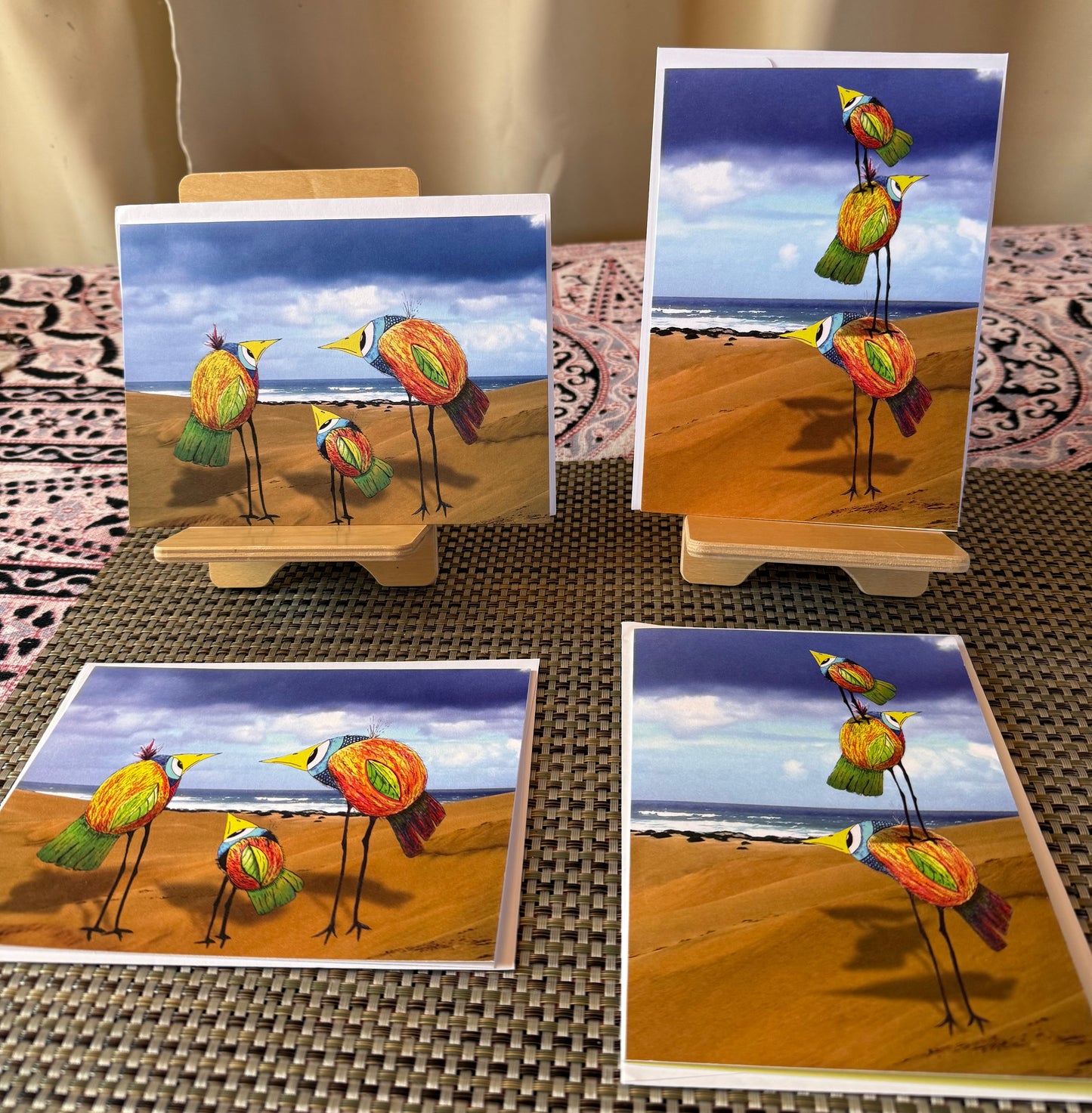Whimsical Bird Greeting Card – Three Funny Big-Eyed Birds on the Beach - 4 Card Set|