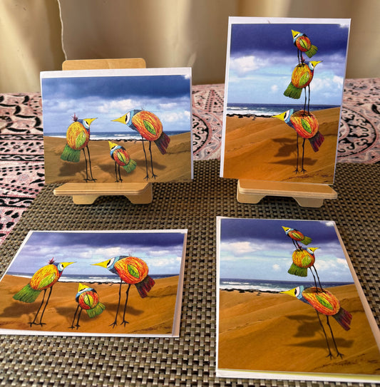Whimsical Bird Greeting Card – Three Funny Big-Eyed Birds on the Beach - 4 Card Set|