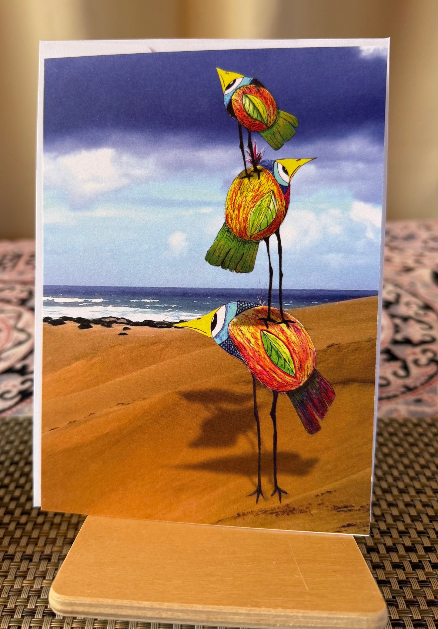 Whimsical Bird Greeting Card – Three Funny Big-Eyed Birds on the Beach - 4 Card Set|