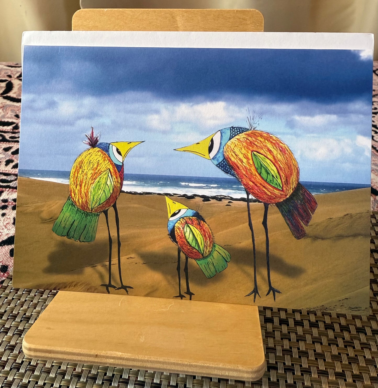 Whimsical Bird Greeting Card – Three Funny Big-Eyed Birds on the Beach - 4 Card Set|