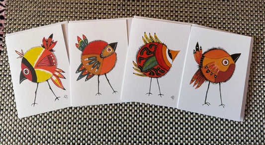 Four Colorful Small Birds 4×6 Individual Greeting Cards – Whimsical Nature Art