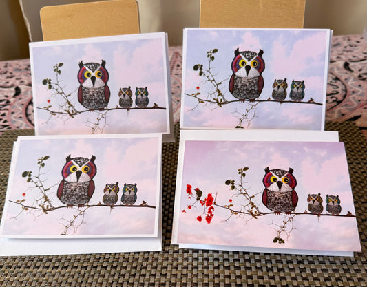 Amusing Owl Greeting Card – Mama Owl with Two Babies on a Branch | 4x6 Art Card