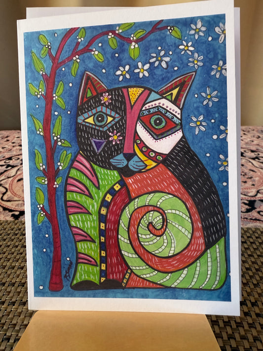 Whimsical 5 x7 Colorful Abstract Cat greeting card