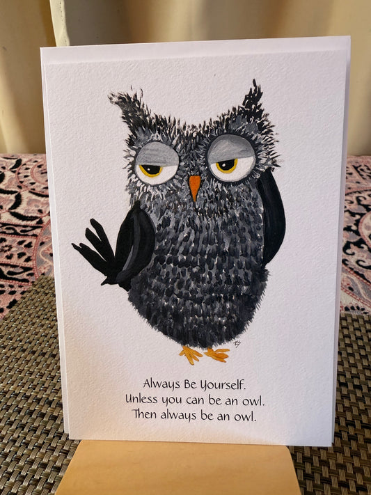 Fuzzy Grey  Owl Whimsical 5 X 7 Card With Quote