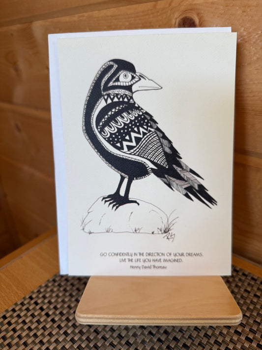 5×7 Raven Mini Print with Inspiring Quote – Pen & Ink Art Card for Bird Lovers, Nature Enthusiasts