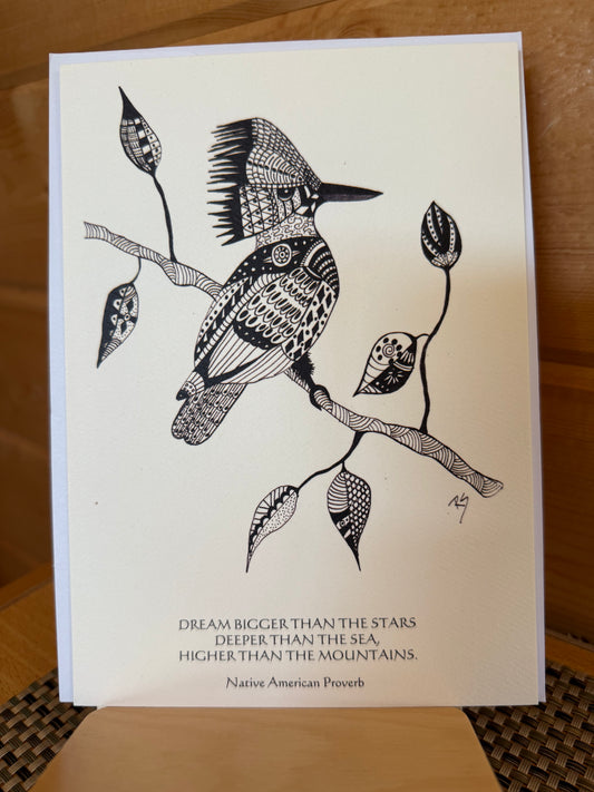 5×7 Kingfisher Mini Print with Inspiring Quote – Pen & Ink Art Card for Bird Lovers, Nature Enthusiasts