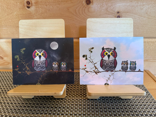 Mama Owl & Owlets Greeting Cards – Daylight & Moonlight Whimsy Art Cards