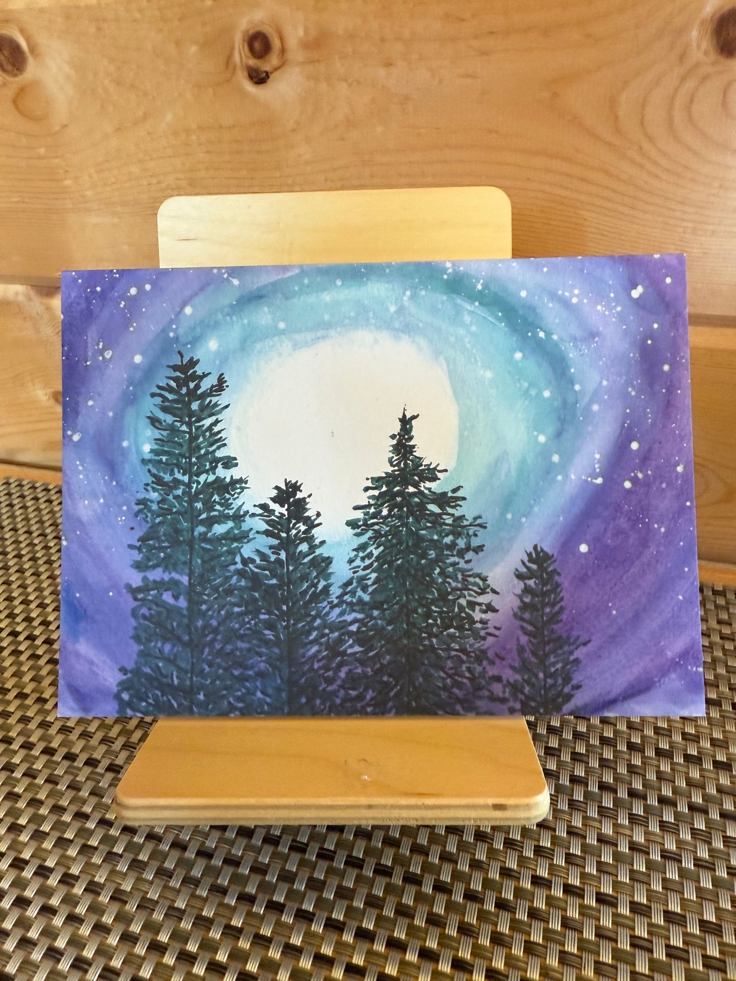 Full Moon in Purple & Teal Night Sky 5×7 Folded Greeting Card – Forest & Moon Art