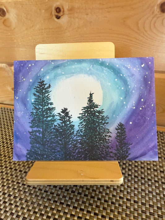 Full Moon in Purple & Teal Night Sky 5×7 Folded Greeting Card – Forest & Moon Art