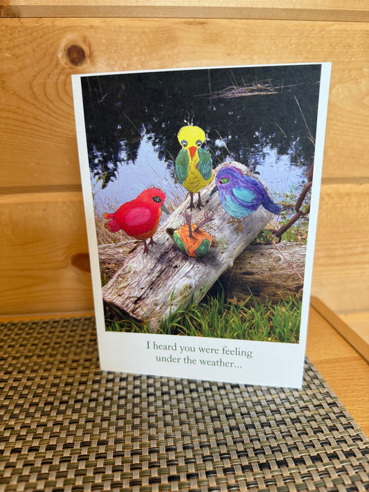 Whimsical Birds 5 x 7 Get Well Card – Three Birds on a Log, One Tipped Over