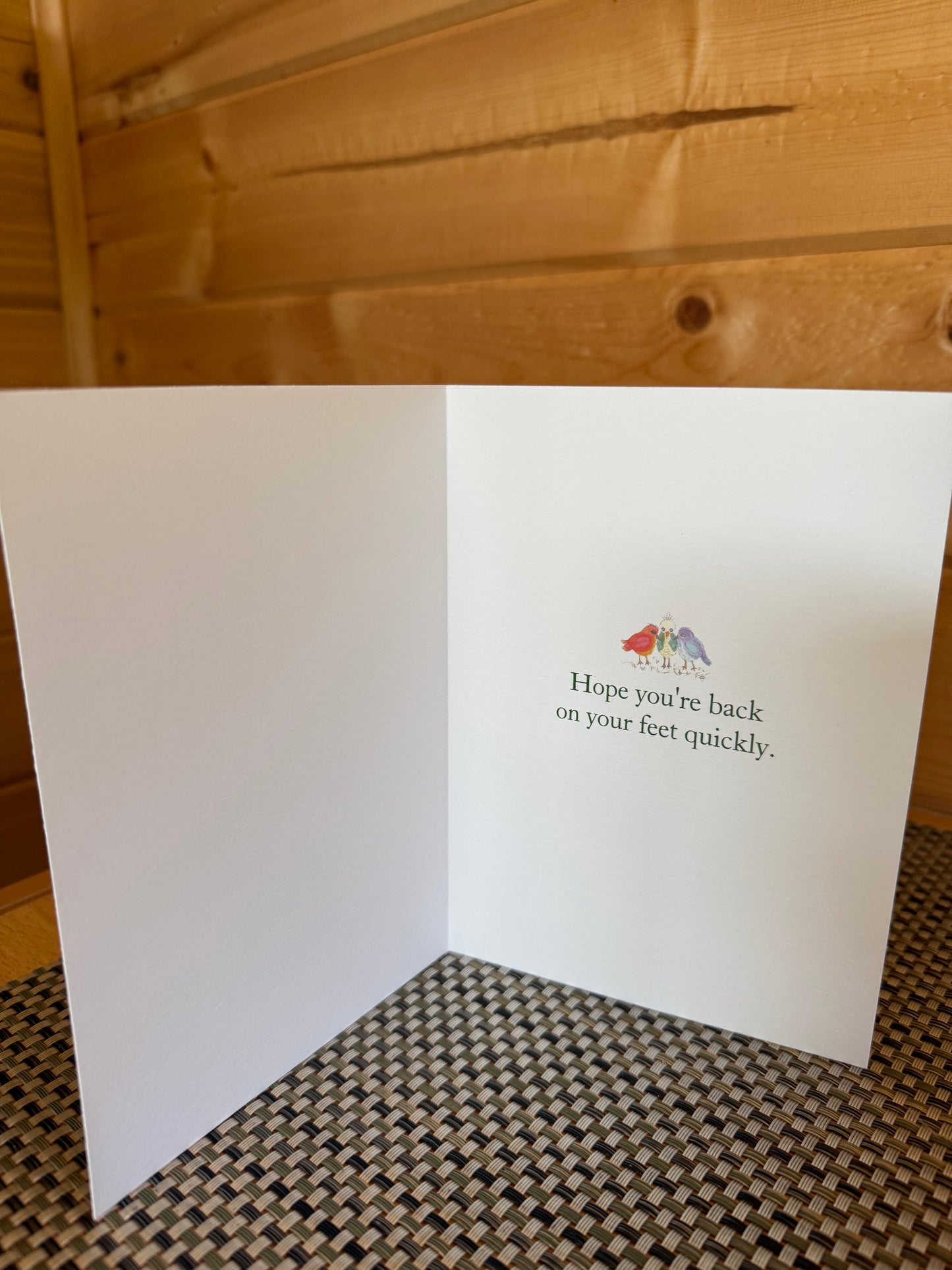 Whimsical Birds 5 x 7 Get Well Card – Three Birds on a Log, One Tipped Over