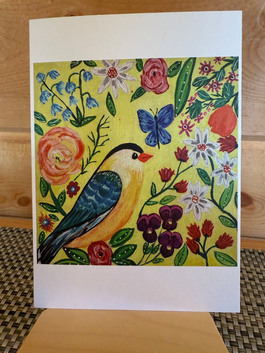 Yellow Bird with Blue Wings – 5x7 Whimsical Flower Art Card