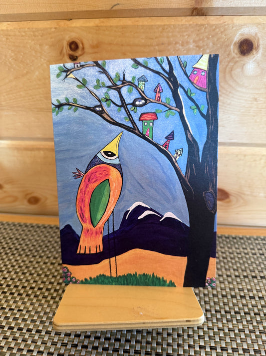 Quirky Big-Eyed Bird Card – Whimsical Birdhouses 5x7 Art Card