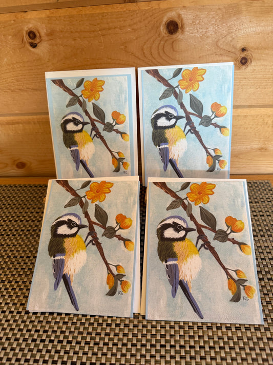 Little Bird on Flowering Branches – 4x6 Whimsical Art Note Card Set