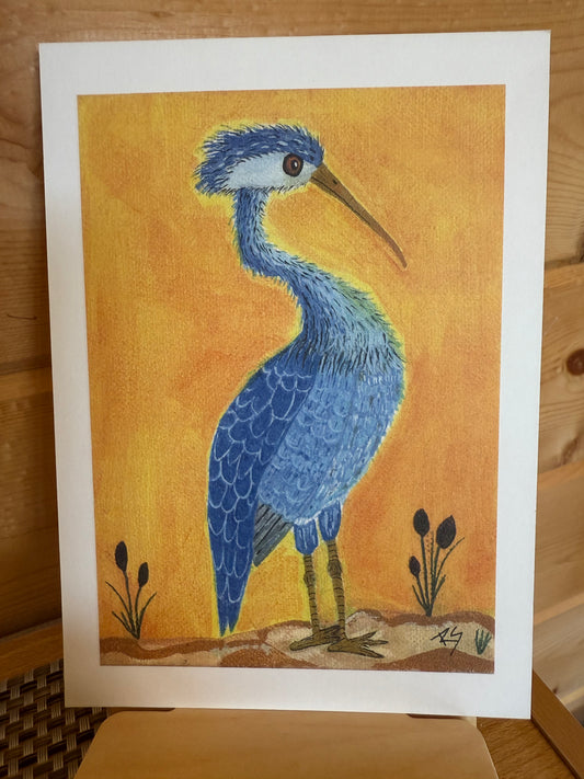 Blue Heron on Sandy Beach – Whimsical 5x7 Art Card