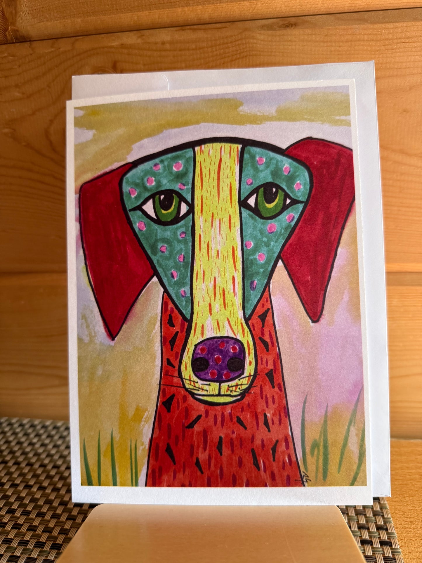 Polka Dot Whippet Dog Greeting Card – Colorful & Quirky 5x7 Blank Card