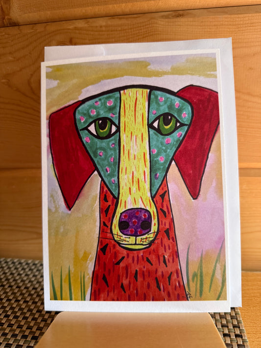 Polka Dot Whippet Dog Greeting Card – Colorful & Quirky 5x7 Blank Card