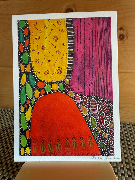 "Stone Magic" - 5×7 Abstract Watercolor & Pen Greeting Card – Whimsical Geometric Art